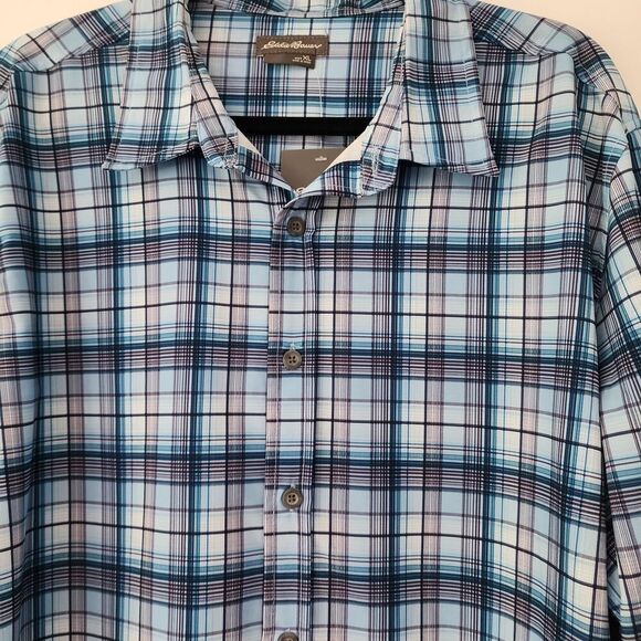 NEW Eddie Bauer Performance blue plaid long sleeve button front shirt size XL - Picture 2 of 7